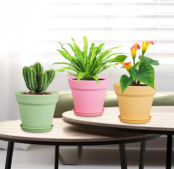 Meowell 4 inch Small Plastic Nursery Pots,16 Pack Plant Pots for Indoor Outdoor Plants, Flower Pots with Drainage Holes and Saucers, Decorative Seeding Starter Planters for House Plants, Colorful