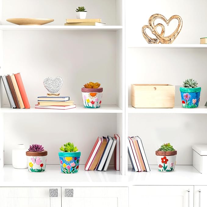 Pasimy 6 Set Ceramics to Paint DIY Ceramic Succulent Planter Pots Paint Your Own Flower Pots Craft Kit Unpainted Bisque Flowerpot with Brush Palette for Family Activity Holiday Gifts(Classic)
