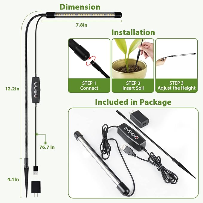 Juhefa Grow Light for Indoor Plants Growing, 6000K Full Spectrum Gooseneck Plant Lamp for Seedings Succulents Small Plants, Auto On/Off Timing & 5 Dimming, 3-Pack