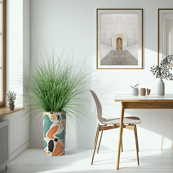 Artificial Tree in Modern Geometric Pattern Planter, Fake Onion Grass Silk Tree for Indoor and Outdoor Home Decoration - 55" Overall Tall (Plant Pot Plus Tree)