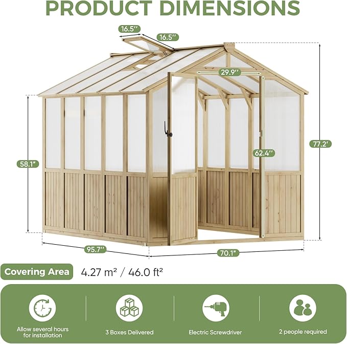 HUSFU 6x8x6.5 FT Wooden Greenhouse, Easy Assembly Thick Solid Cedar Frame Polycarbonate Greenhouse for Outdoors w/ Adjustable Roof, Lockable Door, Walk-in Green House for Outside Backyard Garden