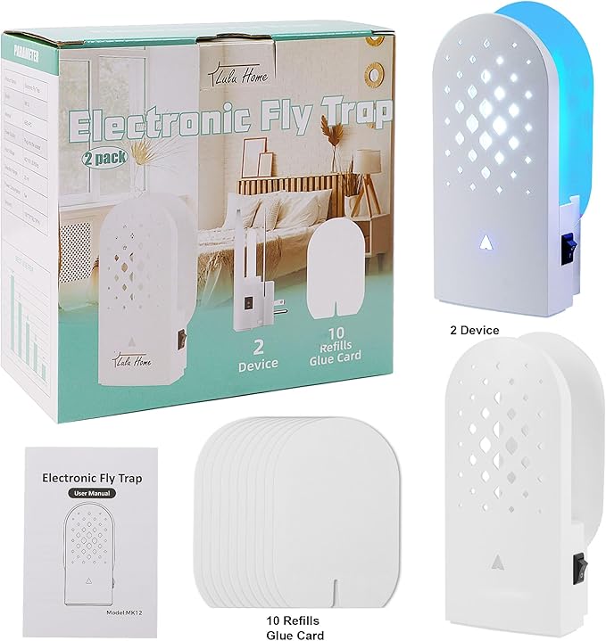 Lulu Home Indoor Flying Insect Trap, 2 Packs Plug-in Bug Light Catcher with 10 Reversible Sticky Pads, 365nm Wavelength Attracting Mosquitos, Moths, Fruit Flies, Gnats and More for Home & Office