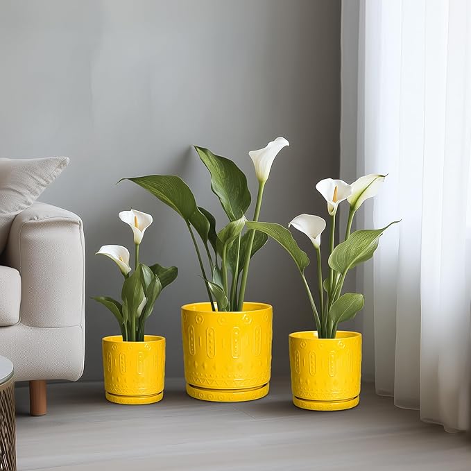8 Inch Plant Pot, Ceramic Pots for Plants with Drainage Hole and Sacuer, Round Flower Pots for Indoor Outdoor Plants, Modern Decorative Planter, Table Decor, Plant Gifts for Women, Yellow
