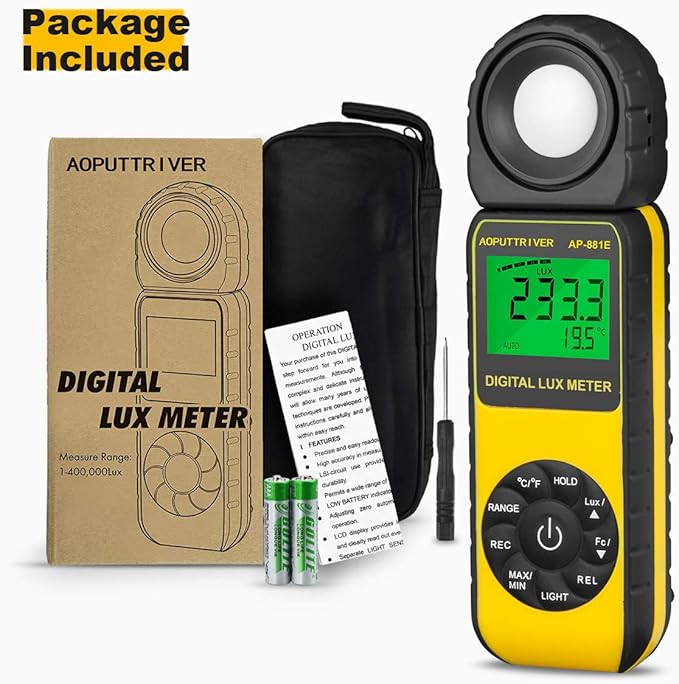 Digital Illuminance Light Meter,0.01~300,000 Measurement Range Lux Meter Foot Candles Luxmeter with 270º Rotated Sensor for Indoor Outdoor Light Meters for Plants (AP-881E)