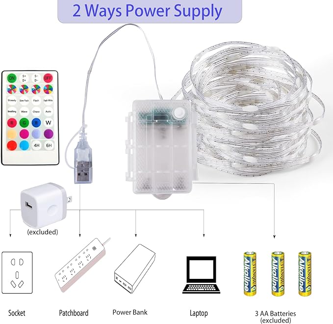 Battery Operated Fairy Lights Color Changing String Light with Remote, 16.4FT 1-Pack Twinkle LED Lights USB Plug or Battery Powered, Outdoor Christmas Decorations for Bedroom Party Indoor