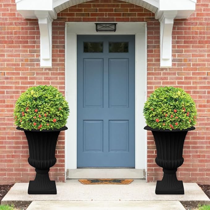 Austram Urn Planters 22", Set of 2, Tall Stone-Resin Pedestal Planters for Outdoor Plants, Large Front Porch Decor, Patio Garden Pots, Outdoor Urns for Entryway, Porch & Deck, Black Plant Pot