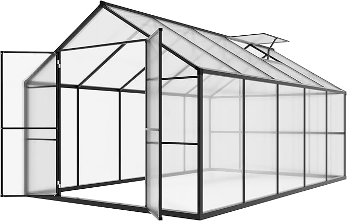 8x10 FT Outdoor Aluminum Greenhouse Kit, Polycarbonate Aluminum Walk-in Greenhouse with Adjustable Roof Vent and Lockable Door, Backyard Garden in Winter, Gray