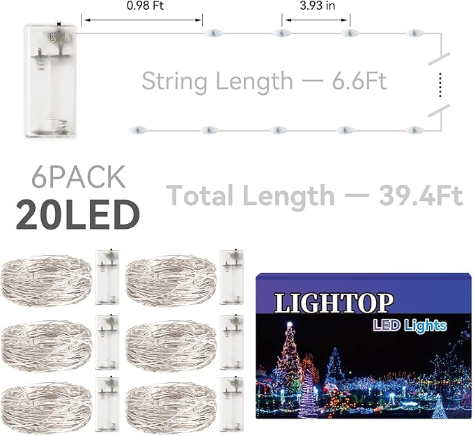 Fairy Light Battery Operated String Lights 6 Pack 20LED Copper Wire Firefly Twinkle Lights Indoor Waterproof for Christmas Halloween,Garden Party, Bedroom, Wedding, Birthday(Cool White)