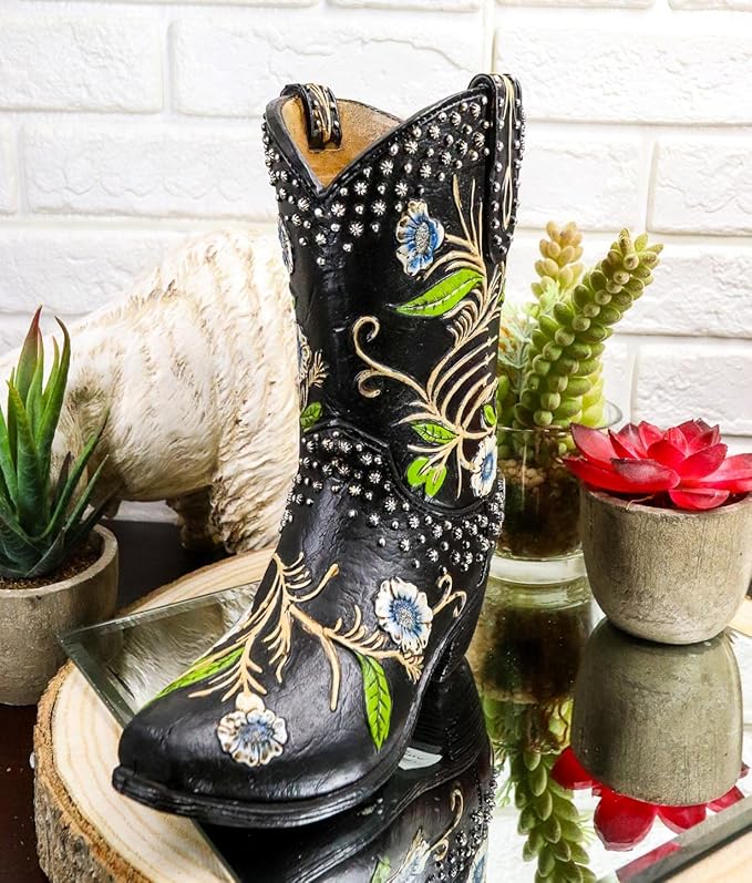 Ebros Gift Rustic Western Country Silver Studs with Midnight Floral Vine Blossoms Black Faux Tooled Leather Cowgirl Cowboy Boot Decorative Flower Bouquet Vase Or Planter Figurine 7" High