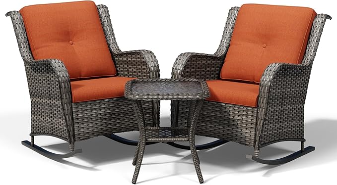 Joyside 3 Piece Wicker Patio Furniture Set, Outdoor Rocking Chair with High Back, Deep Seating, Wide Armrest, Thickened Cushions, Outdoor Rattan Furniture for Deck, Porch Use