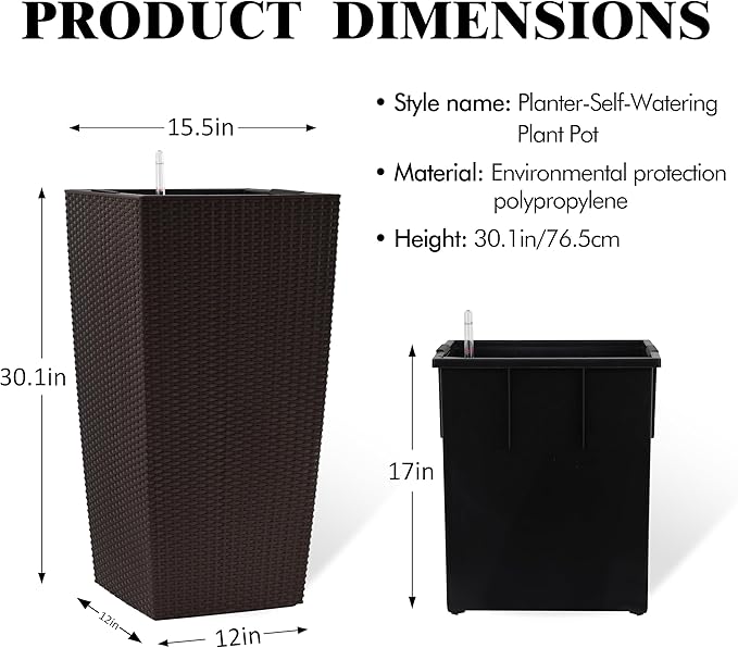 Vigo huseeo 30in Tall Planter, Self Watering Pots for Indoor/Outdoor Plants with Drain Holes, Water Level Monitor, Inner Bucket for Front Porch Patio, Brown Large(1 Set)