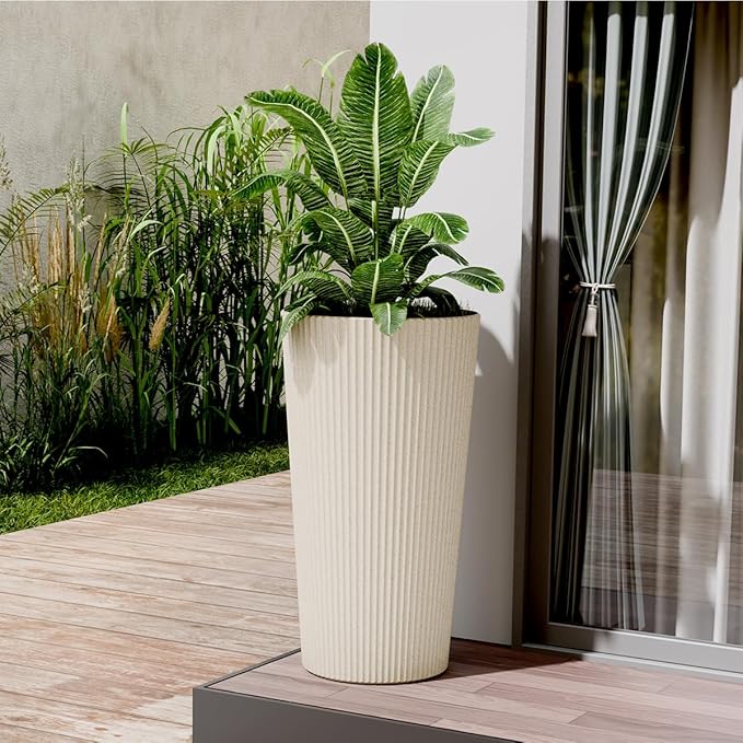 Diyfire Tall Outdoor Planter Set of 2-23.6" Large Striped Plastic Flower Pots, Decorative Indoor/Outdoor Planters for Porch, Patio, Balcony & Garden, Cream