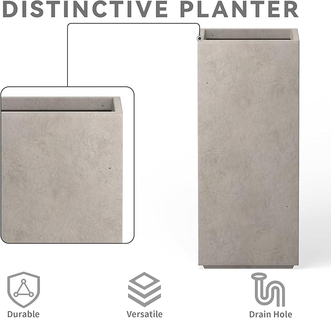 Kante 27.6" H Tall Rectangular Concrete Planter, Modern Square Diameter Plant Pot with Drainage Hole and Rubber Plug for Indoor Outdoor Home Patio Garden, Weathered Concrete