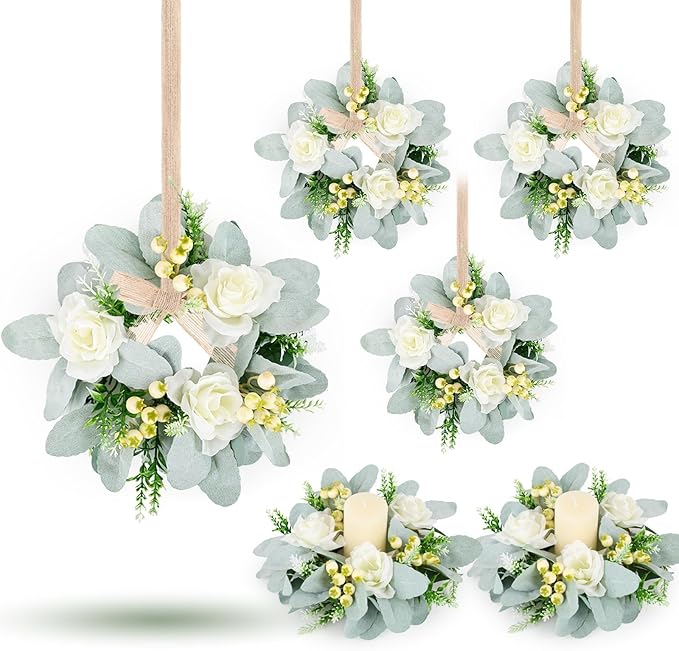 6 Pcs Wedding Rose Candle Rings Swag Wreath Artificial Floral Wreaths with Lamb Leaf Flower Candle Rings Candleholders Garland for Pillar Centerpiece Party Table Wall Window Farmhouse Decor