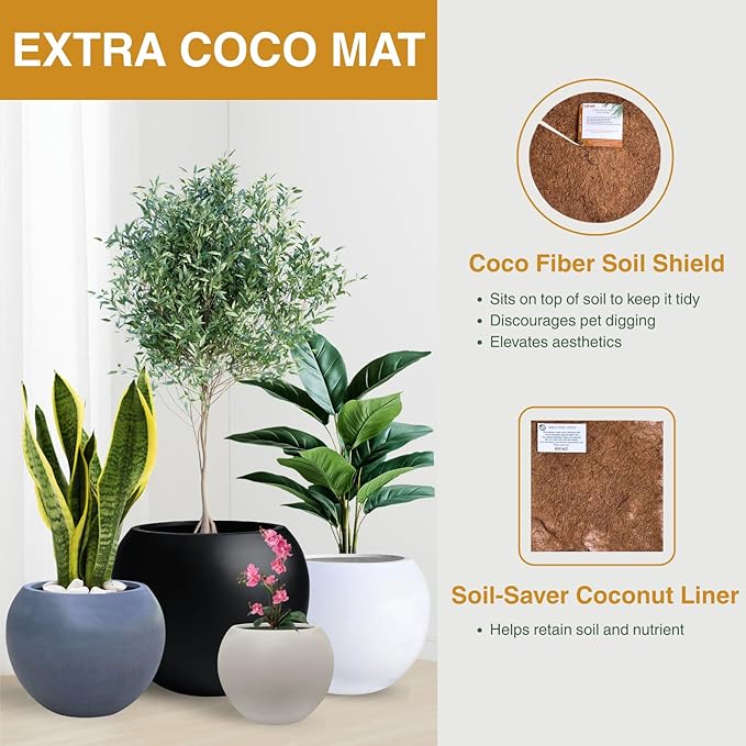 KUTE NEST 9.7" H x 12" D Globo Fiberstone Round Planter with Drainage Hole, Smooth Finishes, Weather Resistant for Indoor and Outdoor Use, Included 2 Extra Coco Mats (Red, 7.8" Pot Opening)