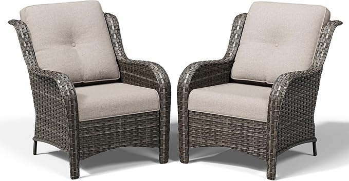 Joyside Patio Chairs Set of 2, Wicker Patio Furniture with High Back, Deep Seating, Wide Armrest, Thickened Cushions, Outdoor Rattan Furniture for Deck, Porch Use