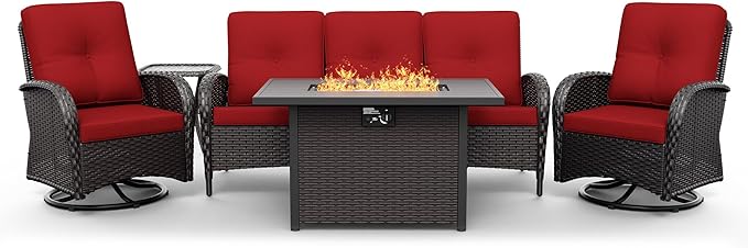 Joyside Wicker Patio Furniture Set with Fire Pit Table, 5 Piece Outdoor Furniture Set with Thickened Cushions, High Back, Deep Seating, Wide Armrest, Outdoor Swivel Rocker Chairs for Porch, Deck