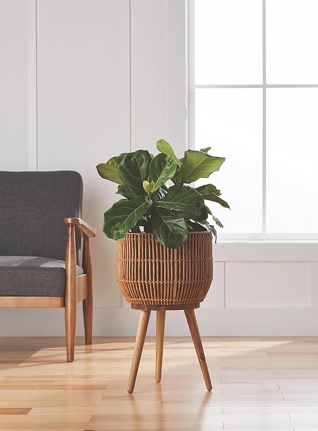 13 Inch Round Brown Resin Rattan Planter & Stand, Acacia Wood Legs Indoor Outdoor