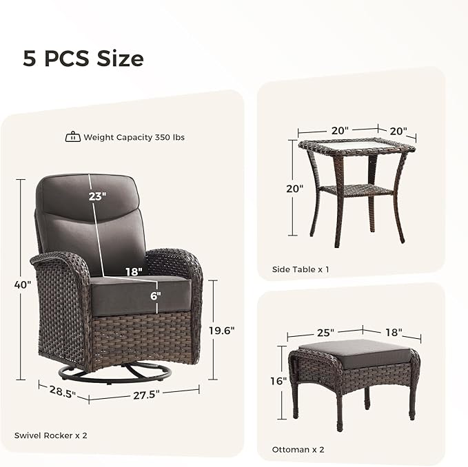 Luxury Patio Furniture Set with Swivel Chairs & 6-Inch Thick Cushions, Outdoor High Back Swivel Rocker Patio Chairs, 5PCS Wicker Outdoor Furniture Set for Porch, Yard, Deck, Poolside, Brown/Grey