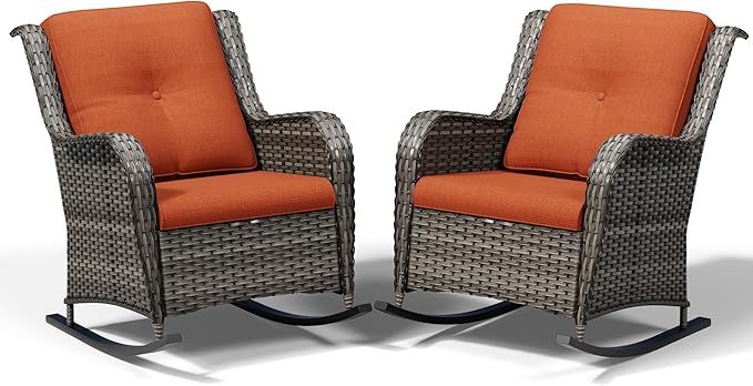 Joyside Outdoor Rocking Chairs Set of 2, Wicker Patio Furniture with High Back, Deep Seating, Wide Armrest, Thickened Cushions, Outdoor Rattan Furniture for Deck, Porch Use