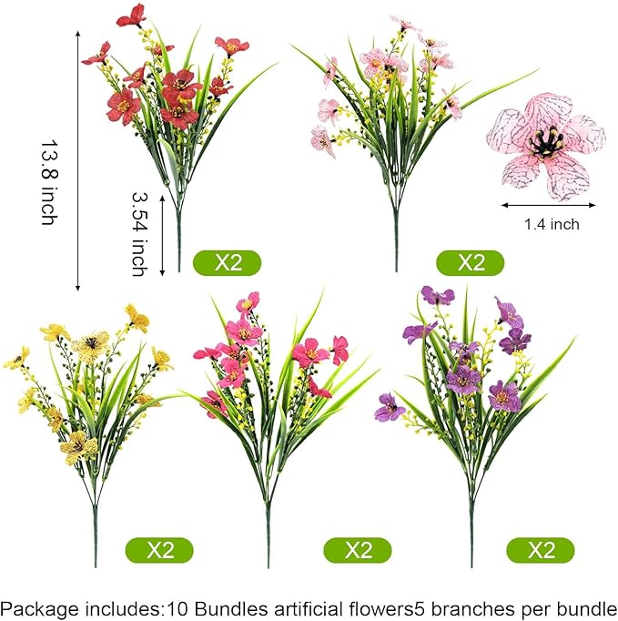 Carfoeny10 Bundles Artificial Flowers for Outdoors, UV Resistant Fake Wildflowers Bulk, Vibrant Faux Plants for Window Box, Hanging Baskets, Porch, Garden and Cemetery Grave Decorations (Mixed Colors)