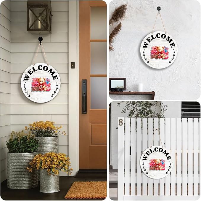 Interchangeable Seasonal Welcome Sign Valentine's Day Front Door Decoration, Rustic Round Wood Wreath Porch Decor, Changeable Welcome Sign for Spring Summer Fall Winter All Seasons Holiday, White