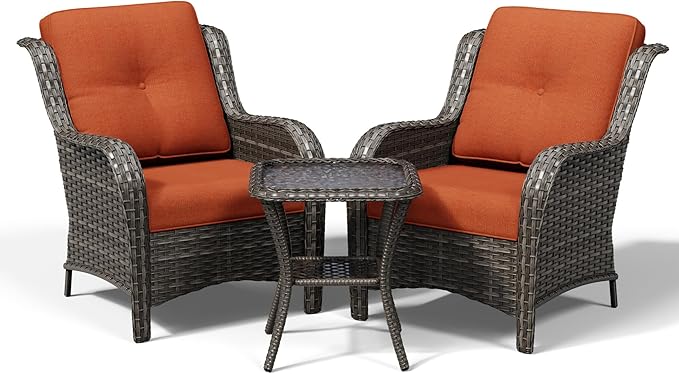 Joyside 3 Piece Wicker Patio Furniture Set, Rattan Patio Chairs with High Back, Deep Seating, Wide Armrest, Thickened Cushions, Outdoor Furniture for Deck, Porch Use