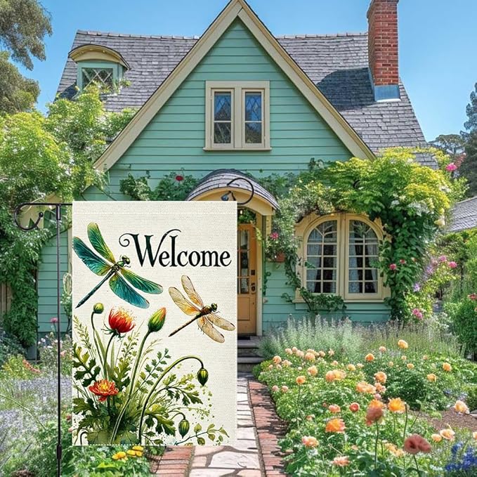 Hello Spring Summer Tulip Dragonfly Garden Flag 12x18 Inch Double Sided Burlap Seasonal Wildflowers Outdoor Lawn Rustic Farmhouse Home Yard Flags Decor