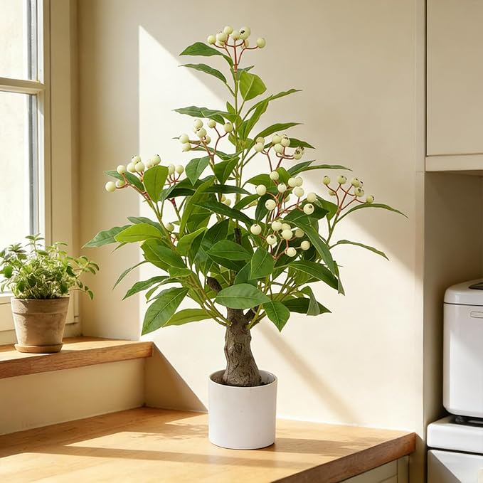 24" Artificial Greenery Tree with Pot, Indoor Fake Green Plant Small Faux Berry Branches Green Potted Tree Stems for Tabletop Desk Office Kitchen Living Room Bedroom Bathroom Home Decor (White Berry)