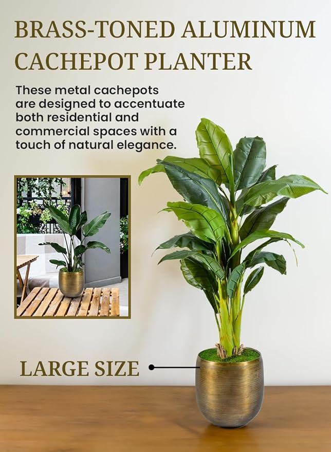 Serene Spaces Living Brass-Toned Aluminum Cachepot Planter, Handcrafted in India, Wedding, Home & Office Decor, Planter for Indoor Plants, Flowers, Table Centerpieces, 16" Diameter X 16.5" Tall