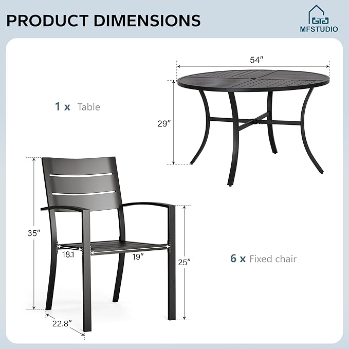 MFSTUDIO Round Patio Table and Chairs, Black Metal Outdoor Dining Set for 6 Persons, 7 Piece Wrought Iron Patio Furniture Dining Set for Deck Backyard Garden