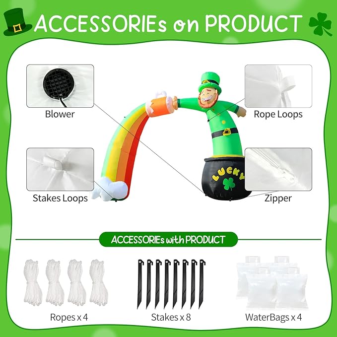 St. Patricks Day Inflatable Decorations 8ft Leprechaun Rainbow Arch with Gold Coin Pot and Cloud Built-in LED Lights Outdoor Theme Party Decor Holiday Lawn Yard Garden Patio Décor