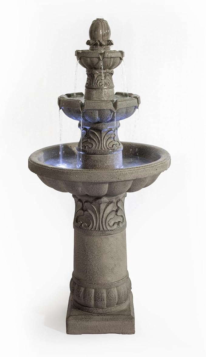 52" H 3-Tier Outdoor LED Garden Fountain, Large Floor Standing Cascading Waterfall with Bubbler Design, Resin Water Feature for Patio Yard Garden, Gray