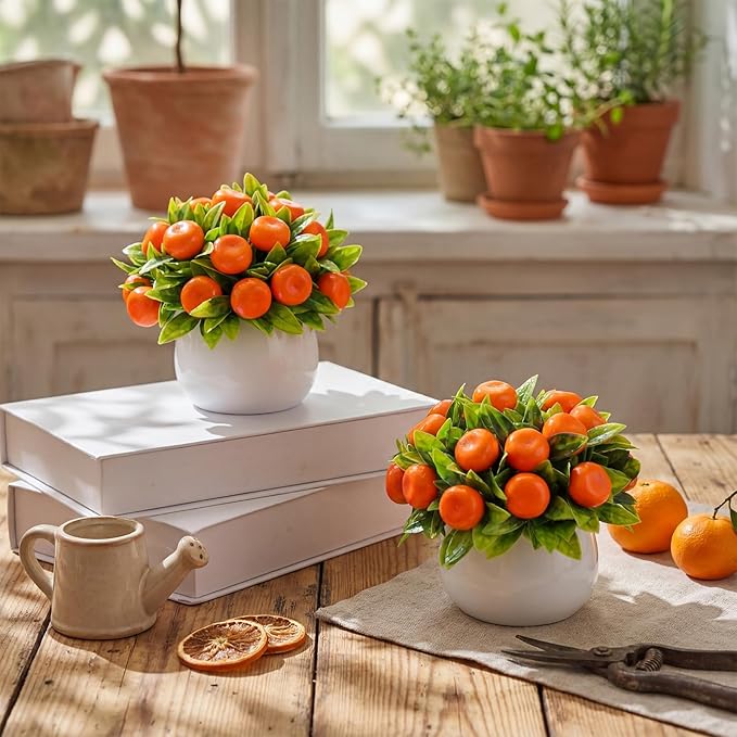 2 Pack Artificial Orange Potted Plants 7.09 Inches Fake Orange Tree Simulation Realistic Fruit Plant with Pot Faux Tree Indoor Decoration for Home Office Living Room Table Desk