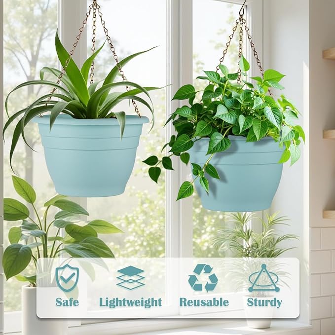 RooTrimmer 3 Pack 11 Inch Plant Pots with Drainage Hole and Plug, Durable Plastic Flower Pots for Indoor & Outdoor Plants, Elegant Mordern Plant Pots Perfect for Herbs, Flowers & Succulents, Blue
