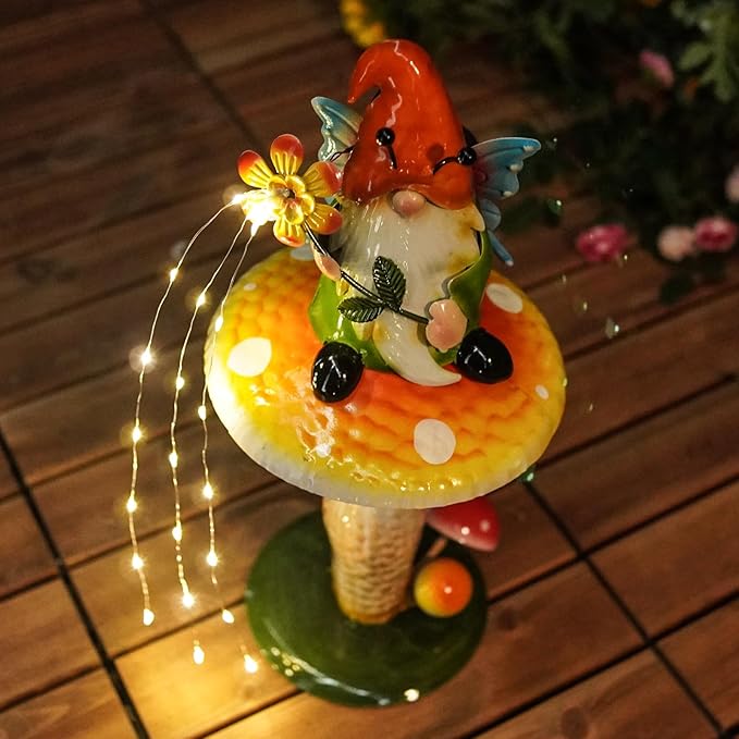 Solar Garden Gnome Figurine, Waterproof Outdoor Mushroom Decor with Solar Outdoor Lights for Yard, Patio, Lawn Ornaments, Ideal Gifts for Mom Grandma Women, Housewarming Gifts-16.5"