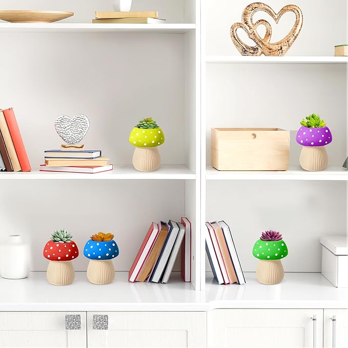Pasimy 6 Set Ceramics to Paint DIY Ceramic Succulent Planter Pots Paint Your Own Flower Pots Craft Kit Unpainted Bisque Flowerpot with Brush Palette for Family Activity Holiday Gifts(Mushroom)