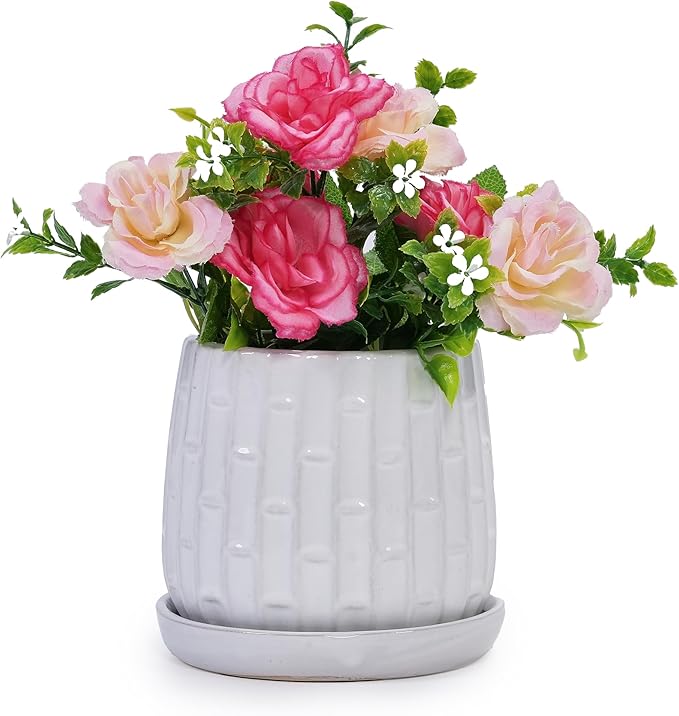 Ceramic Plant Pots, 7 + 5 Inch, Set of 2 Flower Pots with Drain Hole and Saucers, Bamboo Pattern Planter for Plants Orchids Succulents Indoor/Outdoor, Plant Gifts - White