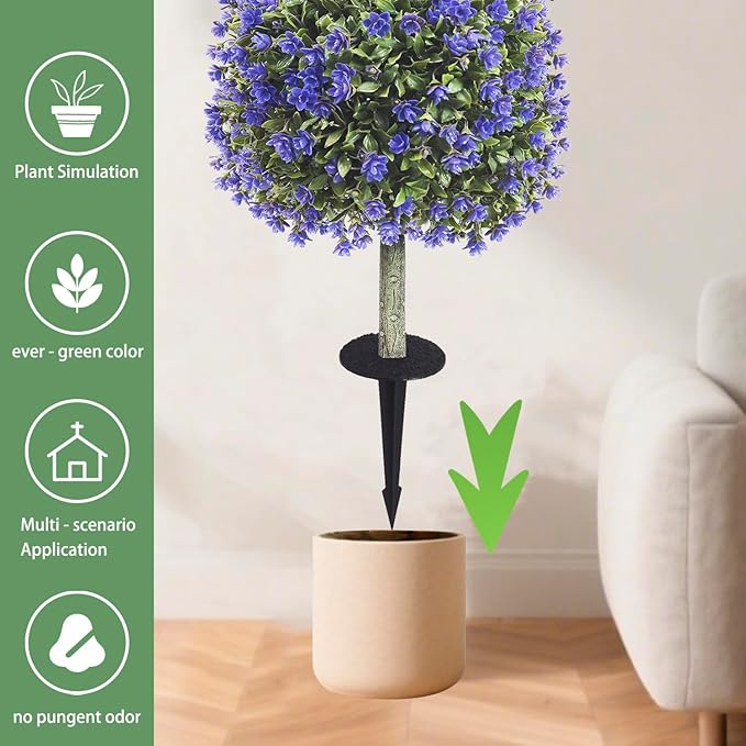 R’s Ceder Artificial Boxwood Topiary Ball Trees with Purple Rose, 2 Set of 19'' UV Resistant Fake Evergreen Shrubs Bushes Plants with Ground Spike Fake Plants for Outdoor Indoor Front Porch Garden