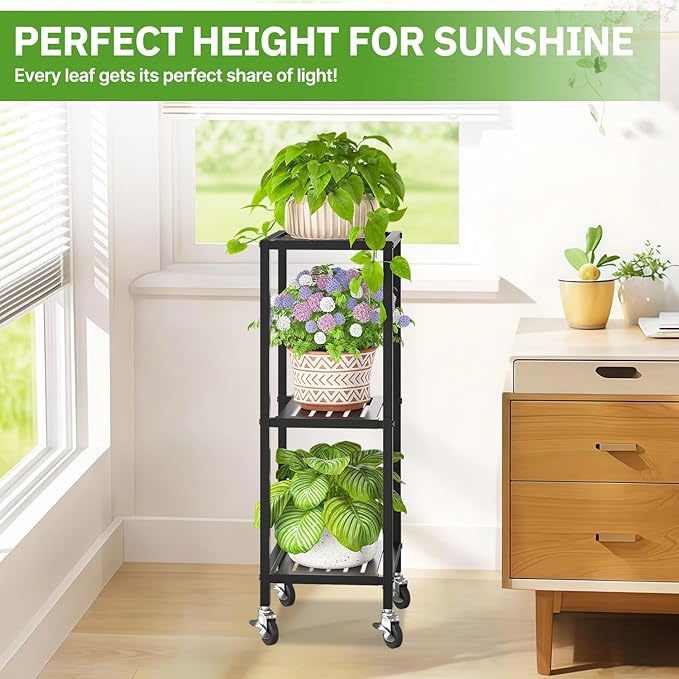 KMOTASUO 3 Tier Black Tall Plant Stand with Wheel for Indoor Outdoor, Heavy Duty Metal Multiple Large Planter Rack for Narrow Corner, Sturdy Iron Vertical Flower Holder for Modern House Patio Bathroom