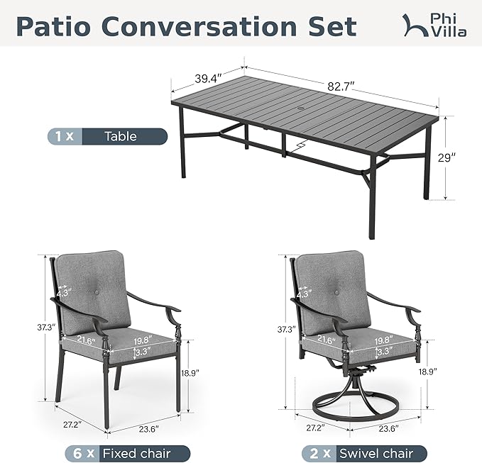 PHI VILLA 9 Pieces Outdoor Dining Set for 8, Rectangular Black Long Wrought Iron Table with Umbrella Hole & Fixed, Swivel Metal Chairs, Large Modern Furniture Set with Cushions for Patio, Deck, Porch