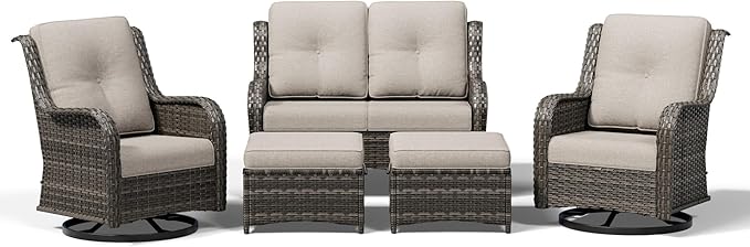 Joyside 5 Piece Wicker Patio Furniture Set, Outdoor Swivel Rocker Patio Chairs with High Back, Deep Seating, Wide Armrest, Thickened Cushions, Outdoor Furniture for Deck, Porch Use