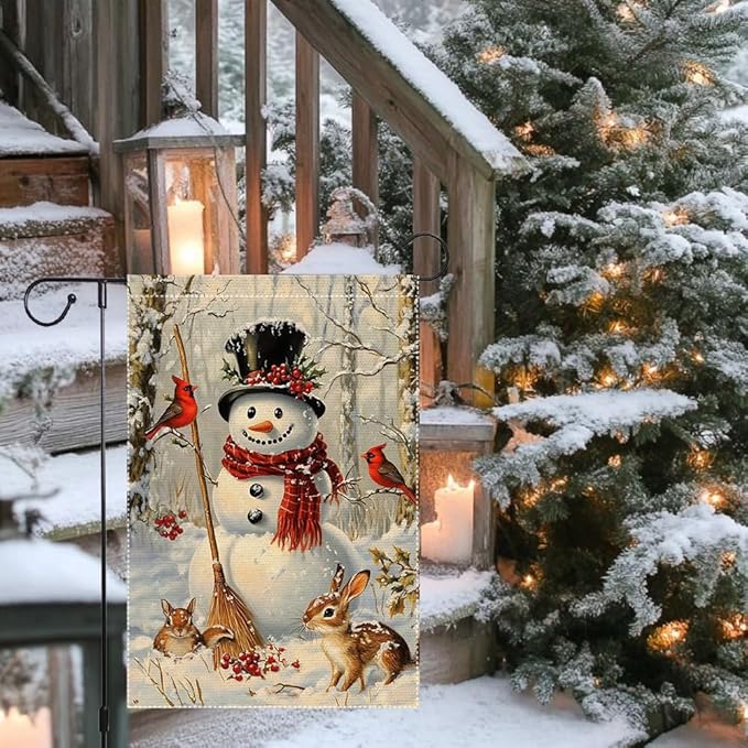 Snowman Garden Flag 12x18 Inch Double Sided Burlap Winter Cardinal Animal Scene Holiday Christmas Yard Flag Small Seasonal Outdoor Welcome Banner for House Porch Lawn Decor
