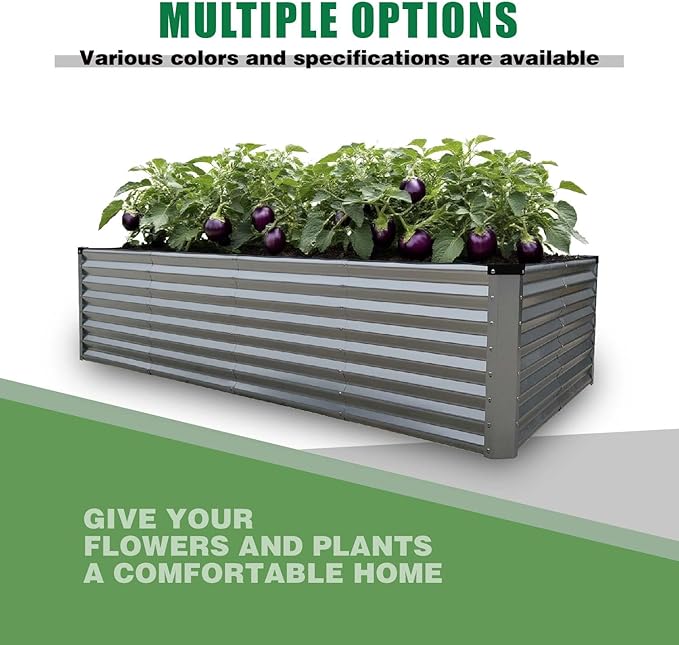 GrowHaus 8x4x2FT Galvanized Raised Garden Bed, Planter Boxes Outdoor Large Metal Garden Beds for Planting Vegetables Flowers Herbs Rectangle Silver