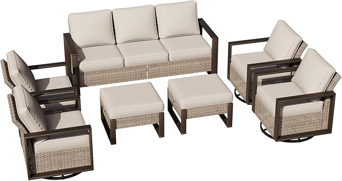 Outdoor Patio Swivel Rocker Chairs, 7 Pieces Wicker Furniture Set, 4 Swivel Rocking Chairs, 1 Sofa and 2 Ottoman, Metal Wide Armrest, Thick Cushions and Deep Seating for Garden, Backyard, Porch, Deck