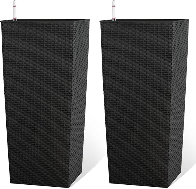 Vigo huseeo 23in Tall Planter Set of 2, Large Self Watering Pots for Indoor/Outdoor Plants with Drain Holes, Water Level Monitor, Inner Bucket for Front Porch Patio, Black Rattan
