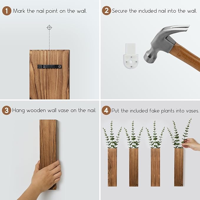 4 Pack Wooden Wall Planters with Fake Eucalyptus Stems, Modern Farmhouse Wood Vases Plants Wall Decor for Living Room, Bedroom, Bathroom (Dark Brown)