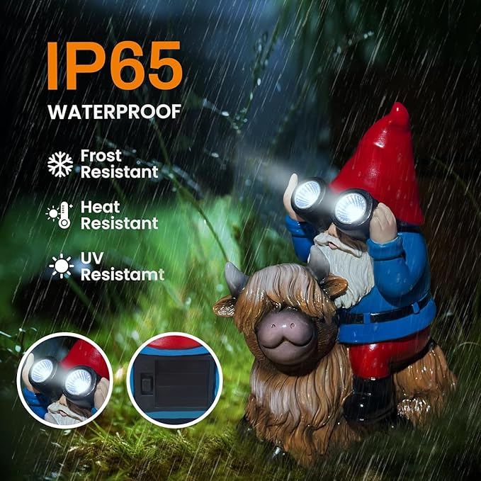 Christmas Gnome Decorations Statue - Garden Gnomes Solar LED Telescope Lights Sitting on Highland Cow Outdoor Patio Lawn Yard Balcony Home Decor Gnomes Gifts for Women Mom