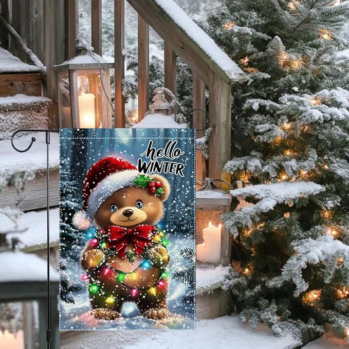 Hello Winter Garden Flag 12x18 Inch Double Sided Burlap Christmas Yard Flag Cute Bear with Lights Holiday Outdoor Small Winter Decorations for Lawn Porch Patio Tree