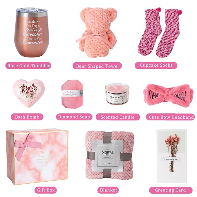 Birthday Gifts for Women,Self Care Gifts Baskets for Women Care Package Get Well Soon Gift Relaxing Set Unique Christmas Gift Birthday Presents with Blanket for Mom,Sister,Best Friend